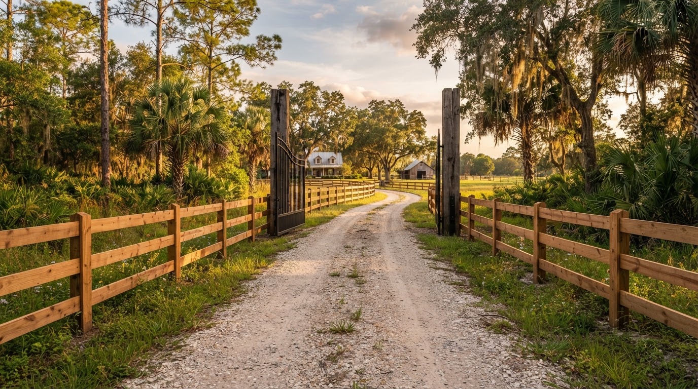 Finished wood fence and open gate at the end of a rural Florida driveway, inviting visitors through