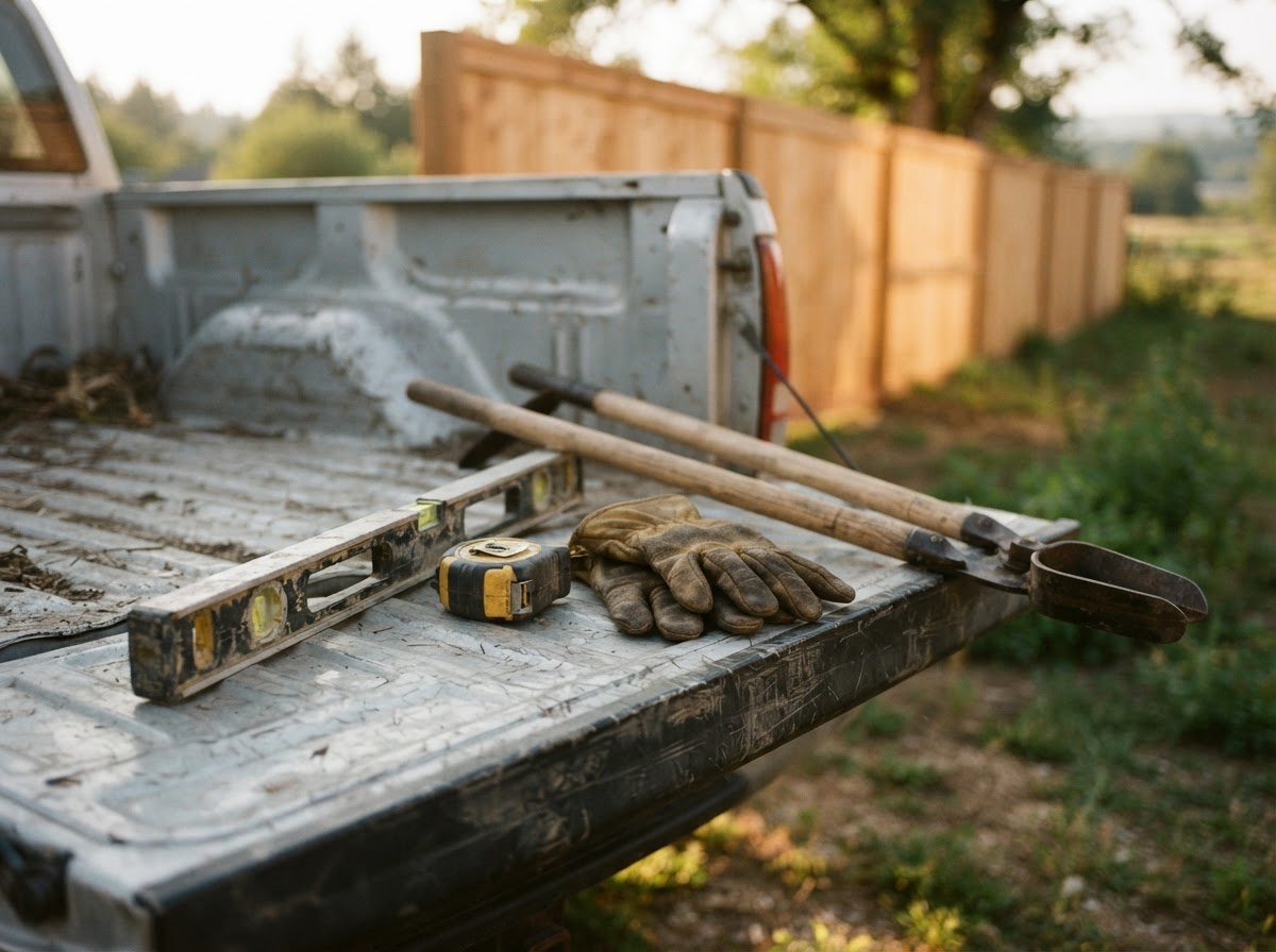 Work truck tailgate with fence tools — level, tape measure, gloves, and a post-hole digger — and a finished fence line in soft focus behind