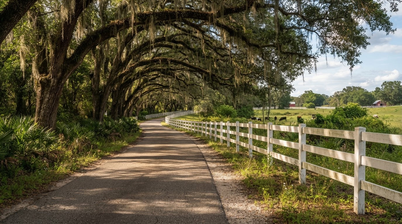 Quiet country road in San Antonio, FL, with a white board fence under an oak canopy