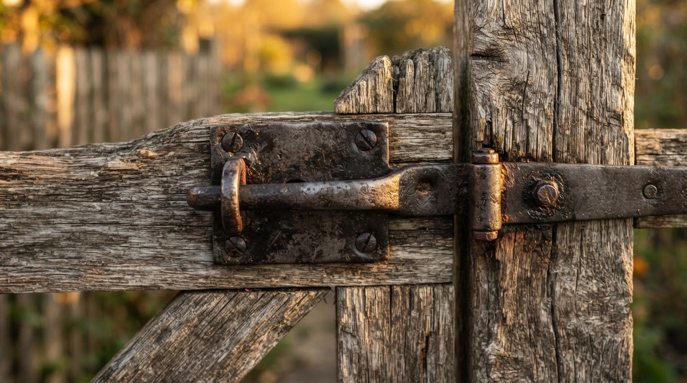 Close-up of a gate latch and hinge on a weathered wood fence gate, shallow depth of field