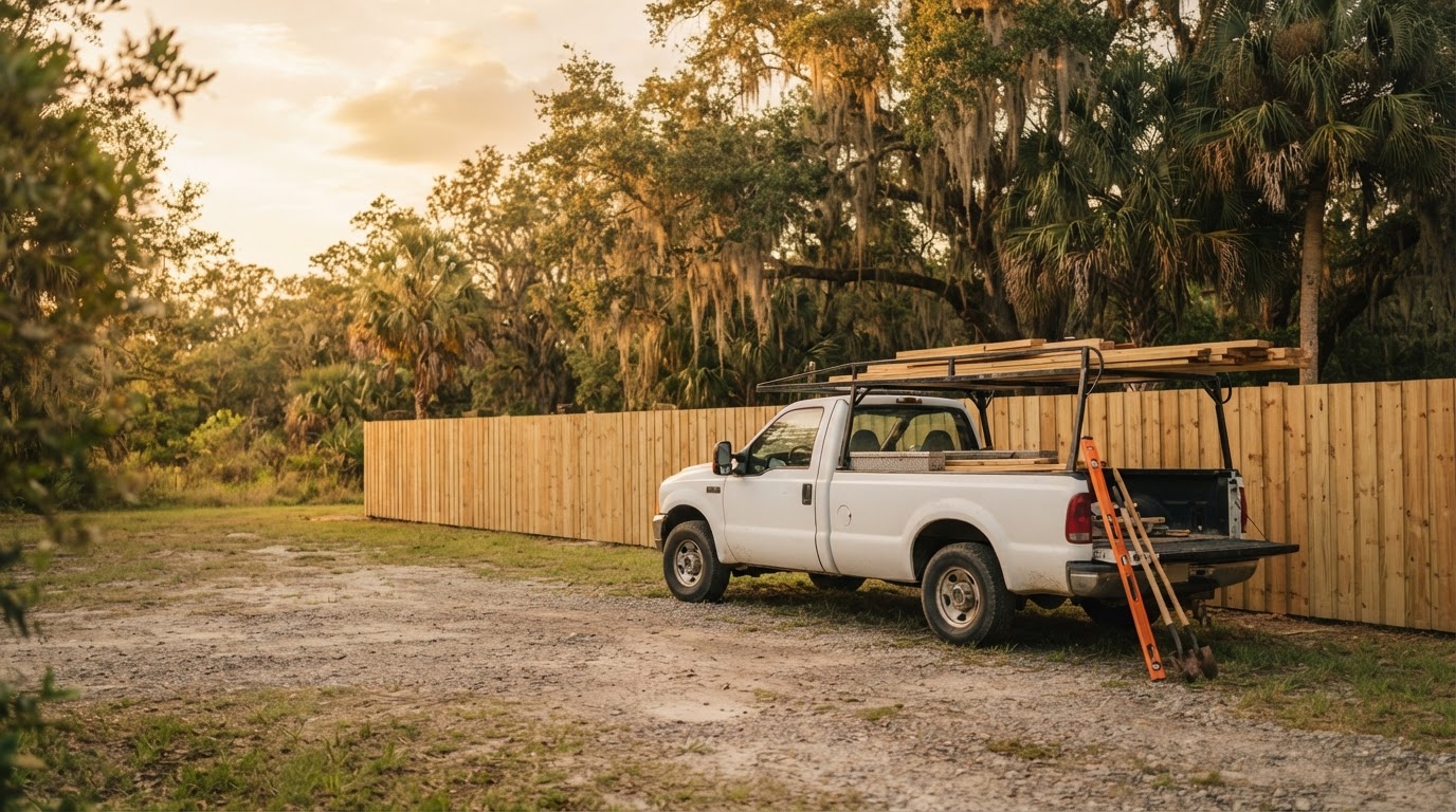 White work truck parked beside a freshly built wood privacy fence at golden hour in rural Florida, with lumber on the ladder rack and fence tools on the tailgate