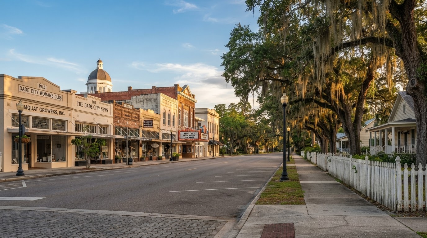 Historic downtown Dade City storefronts giving way to a fence-lined residential street