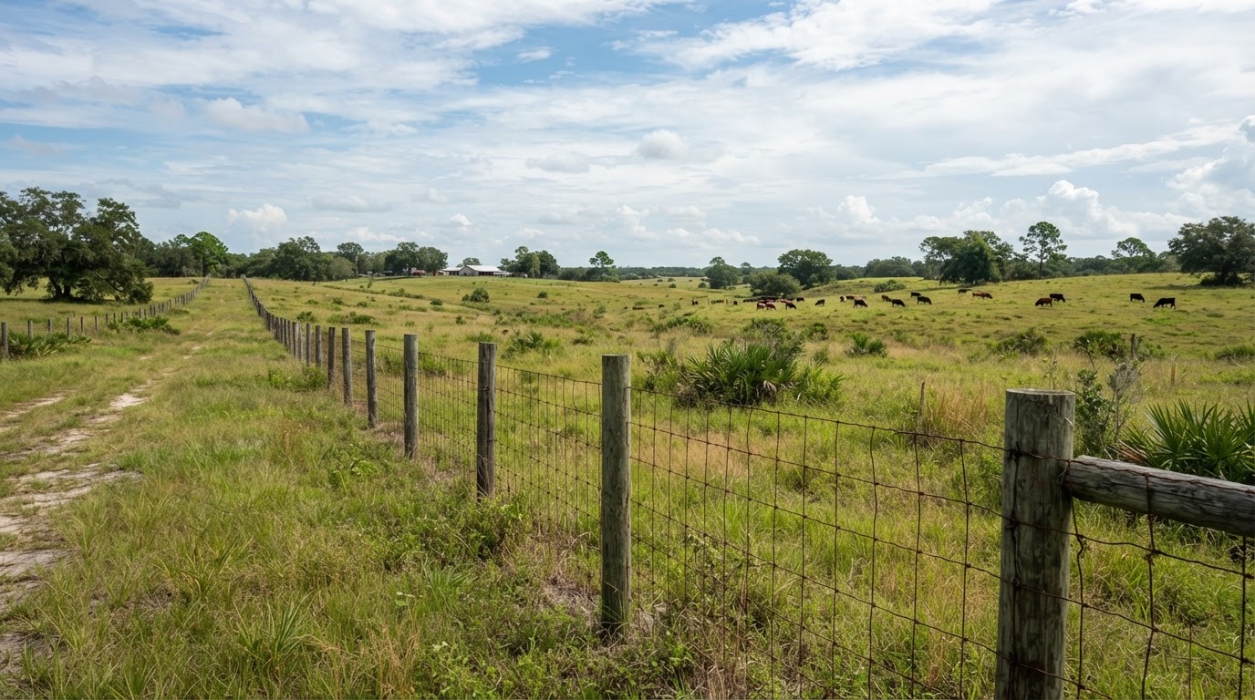 Long woven-wire field fence with wooden line posts installed across open pasture near Dade City