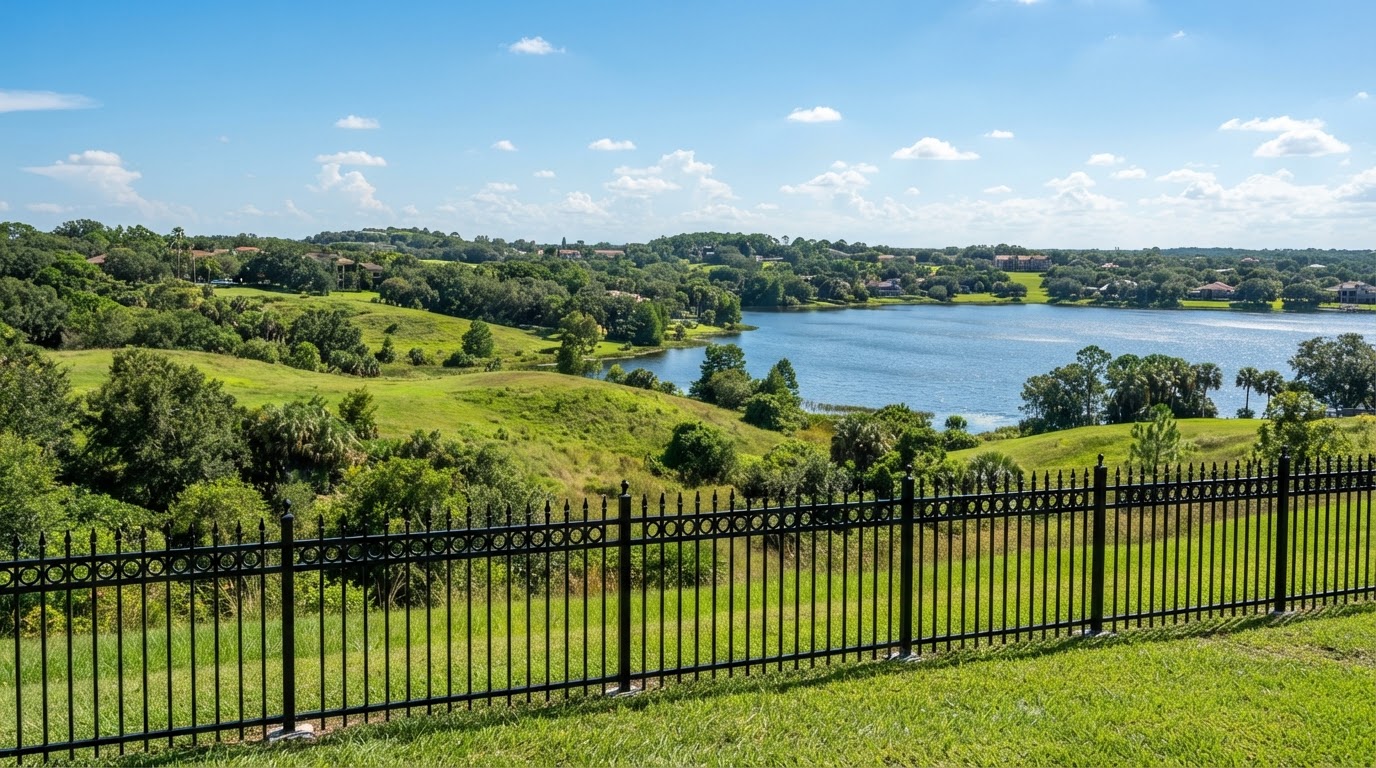 Rolling green hills and a lake view near Saint Leo with a black aluminum fence in the foreground