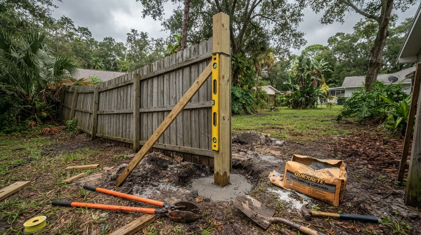 Leaning wood fence section being straightened with a new post set, fence repair tools resting on the ground