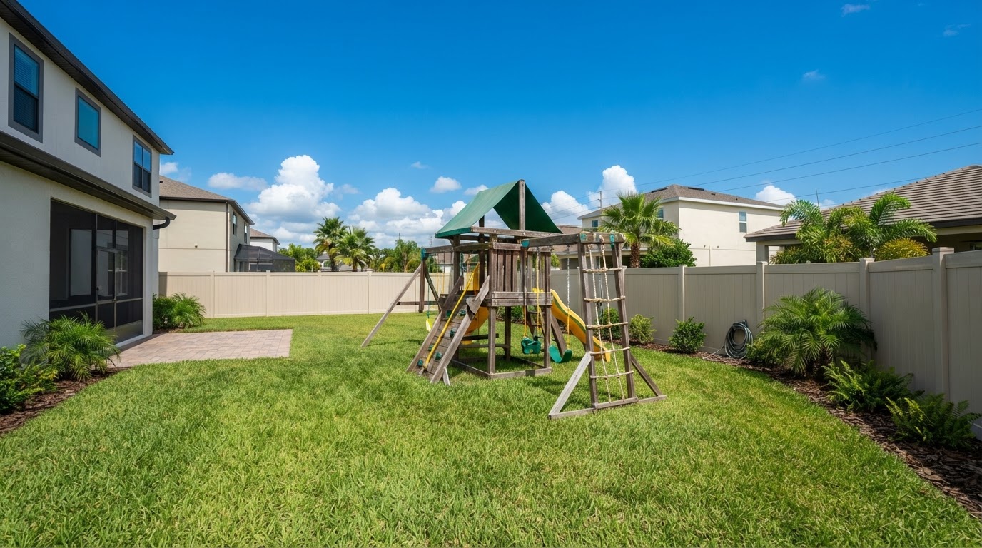 Backyard of a newer Zephyrhills subdivision home with a tan vinyl privacy fence and a kids' play set