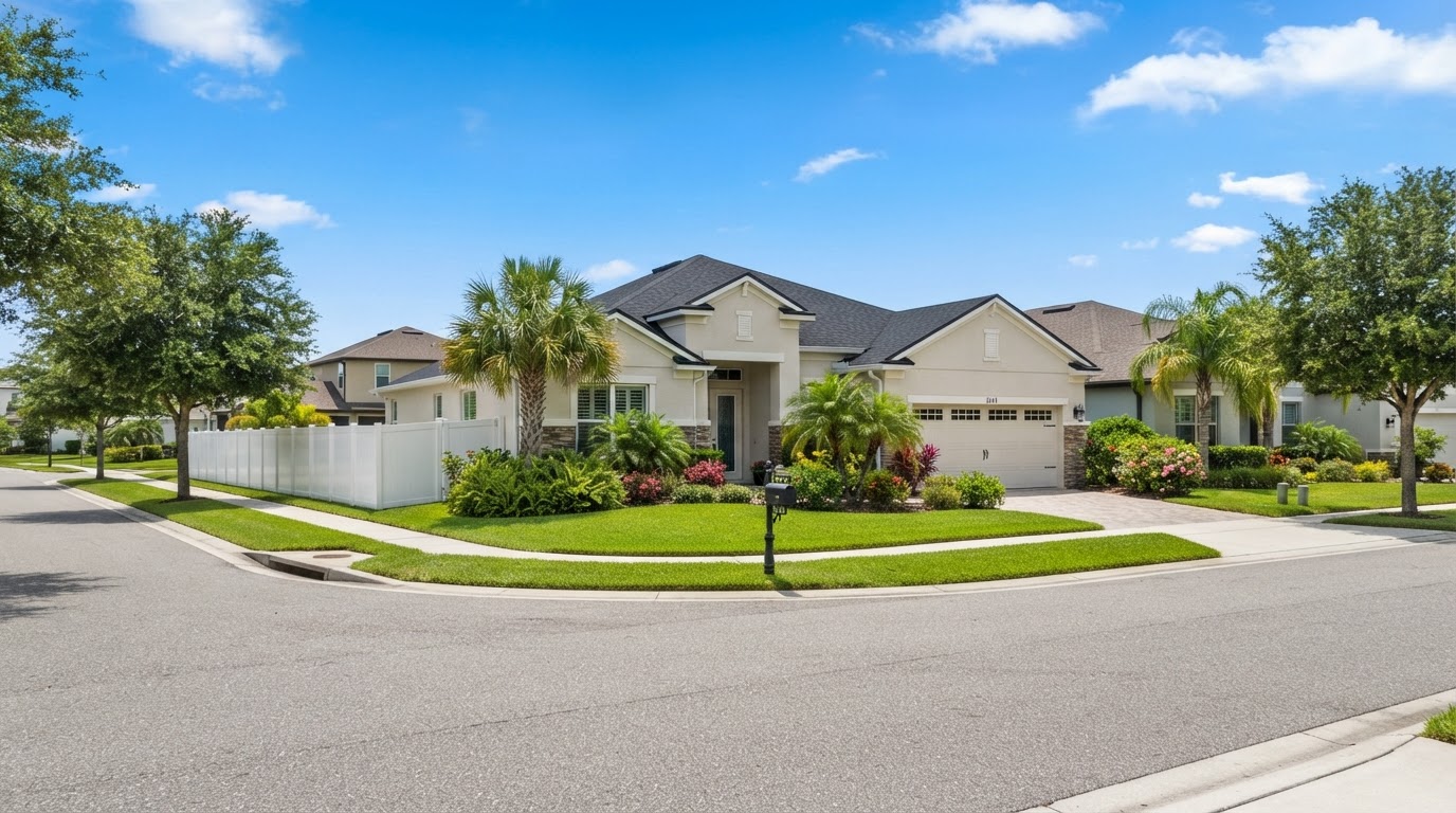 Modern master-planned Wesley Chapel home with a white vinyl fence and manicured landscaping