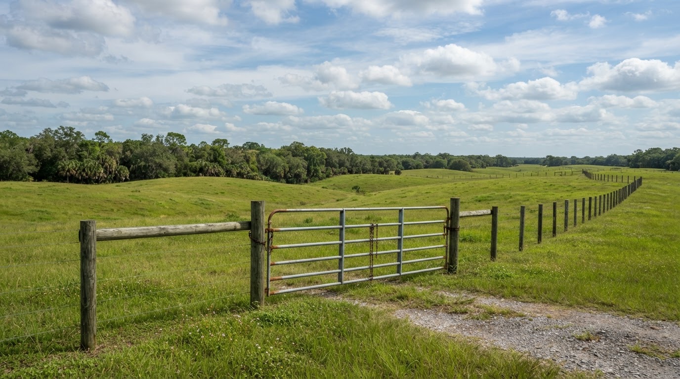 Rolling Hernando County pasture near Brooksville with a long field fence line and a farm gate