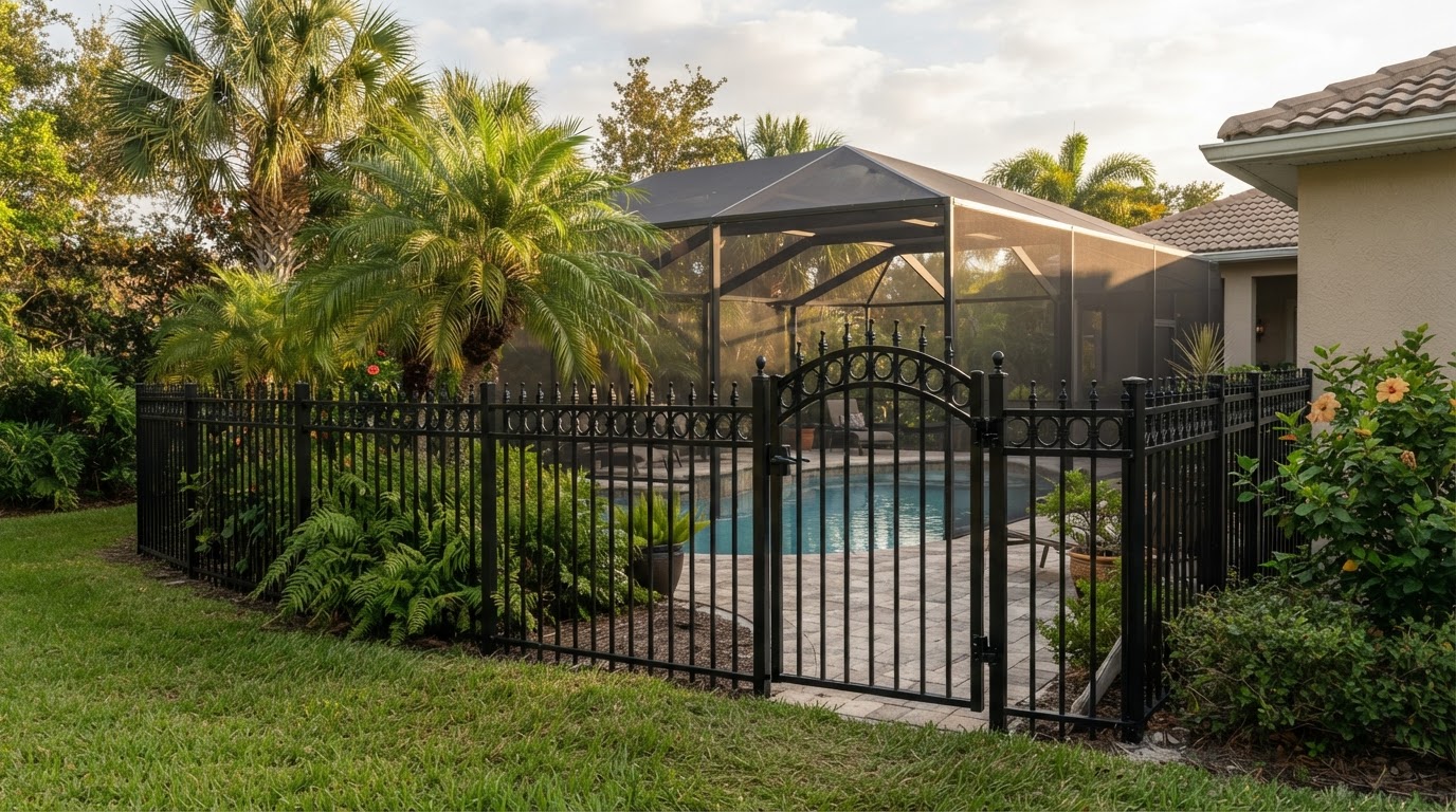 Black aluminum fence installed around a screened Florida pool area with a self-closing gate