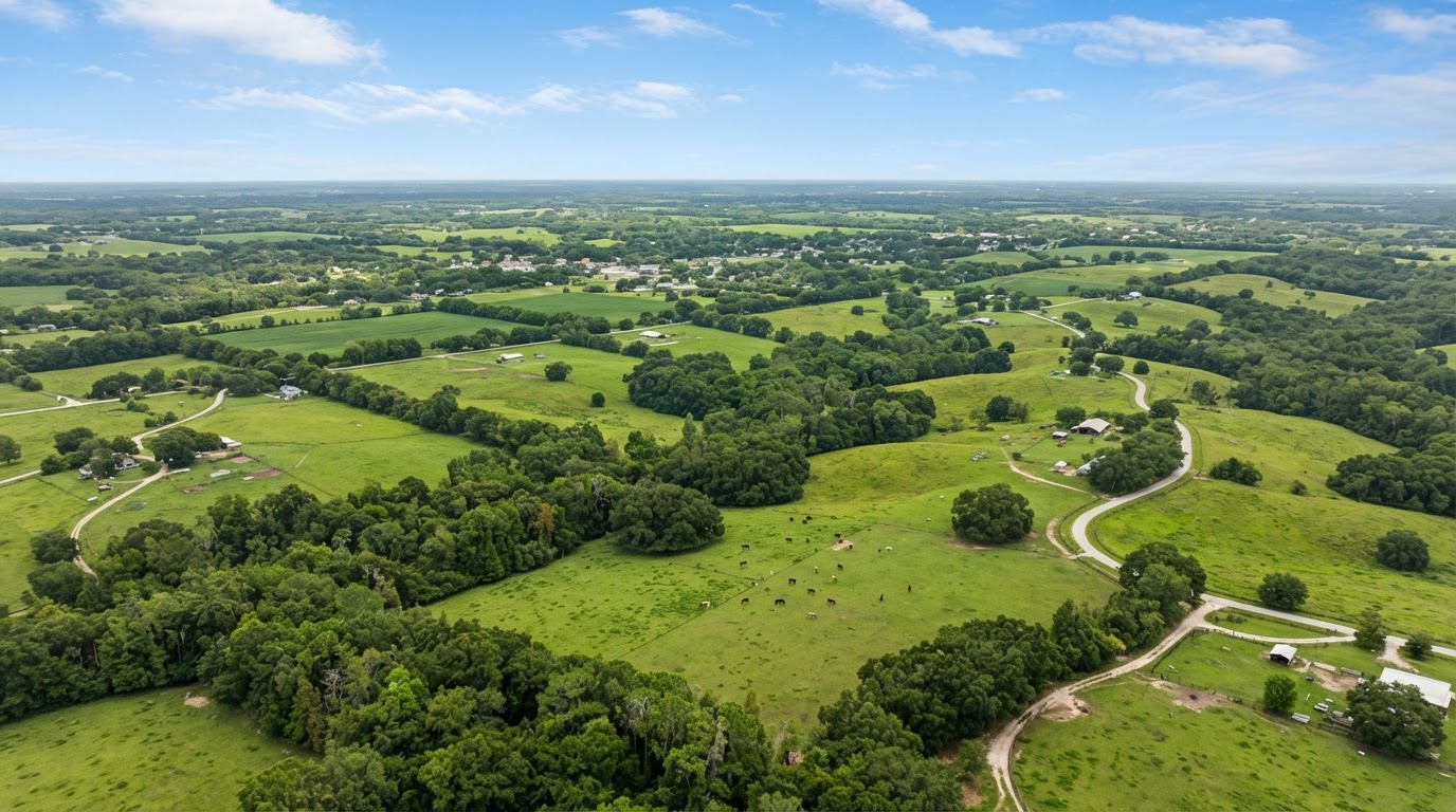Aerial view of rolling Pasco County farmland and tree lines near Dade City