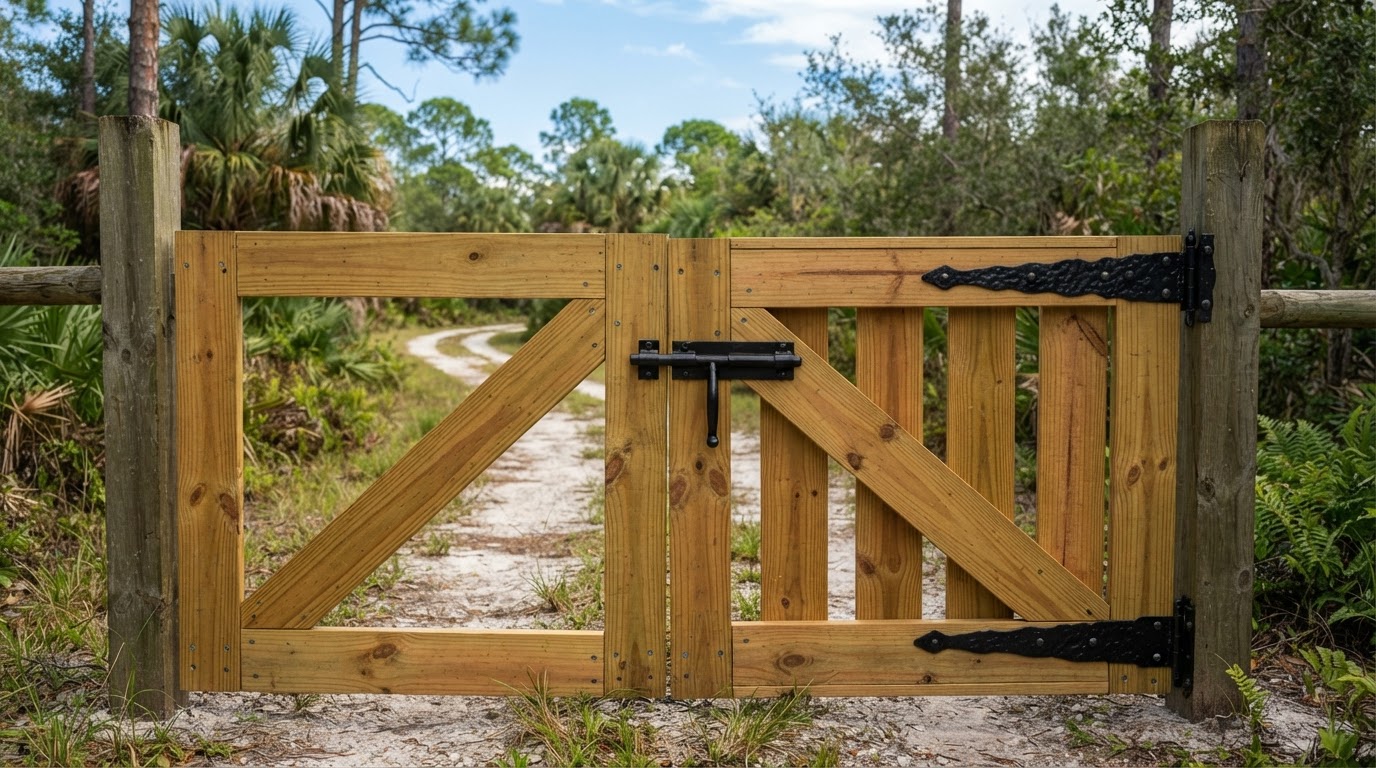 Close-up of a new double wood drive gate installed on a rural driveway, with latch and hinges visible