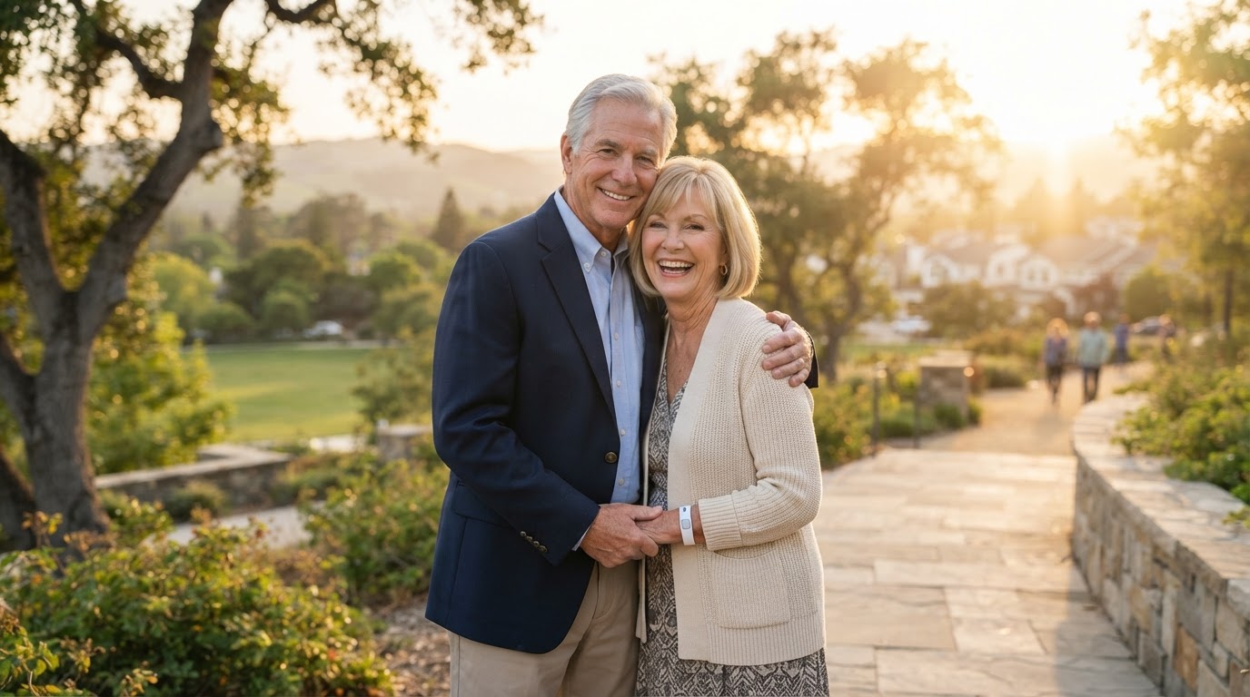 Happy senior couple smiling in golden hour sunlight