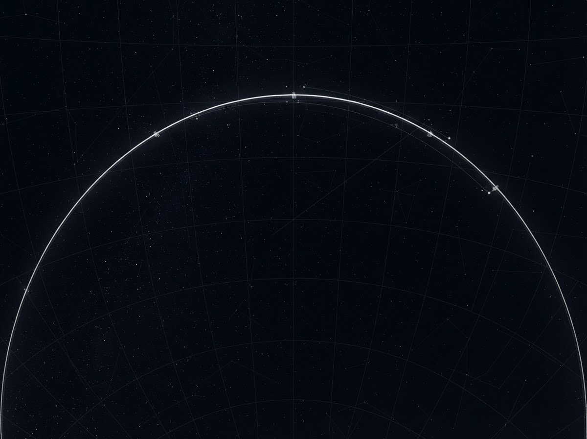 A faint celestial chart: deep ink field, a thin luminous orbital ring and small plotted points.