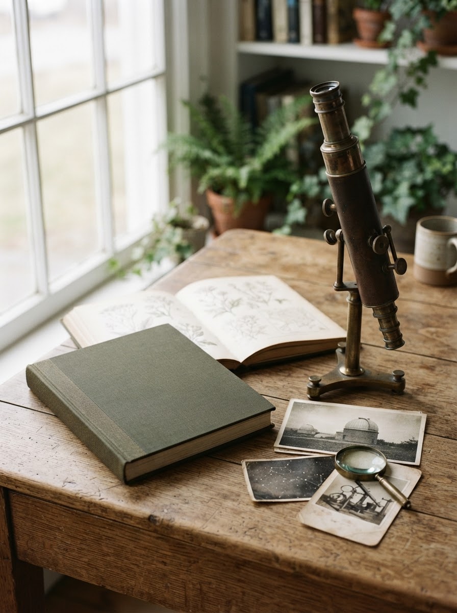 A clothbound hardcover anthology resting on a wooden surface beside a brass instrument and printed photographs in soft natural light.