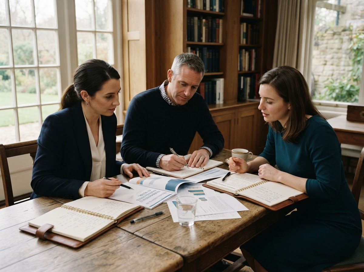 Three professionals gathered around a wooden table in a quiet, naturally lit room, leaning over open notebooks and printed reports.