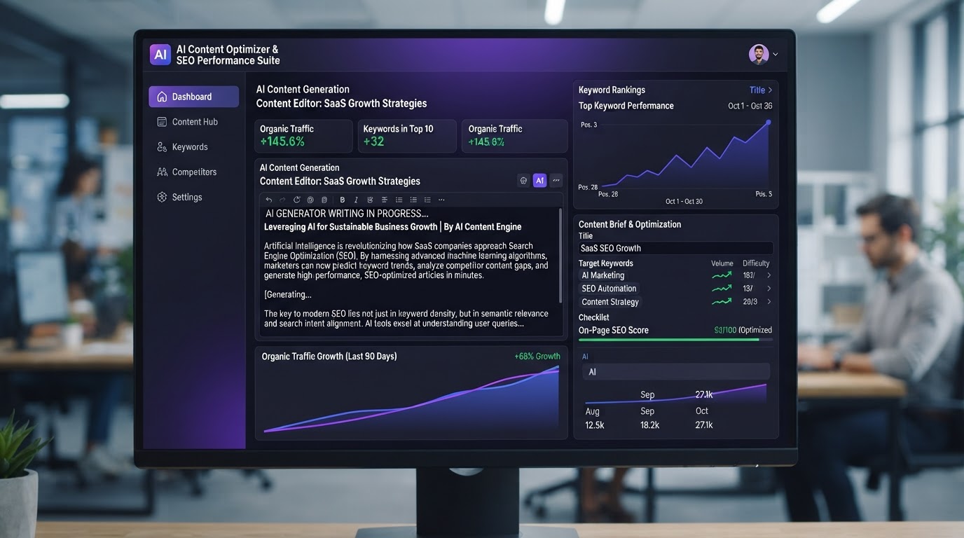 AI SEO content writing interface showing keyword rankings rising and content being generated with organic traffic growth