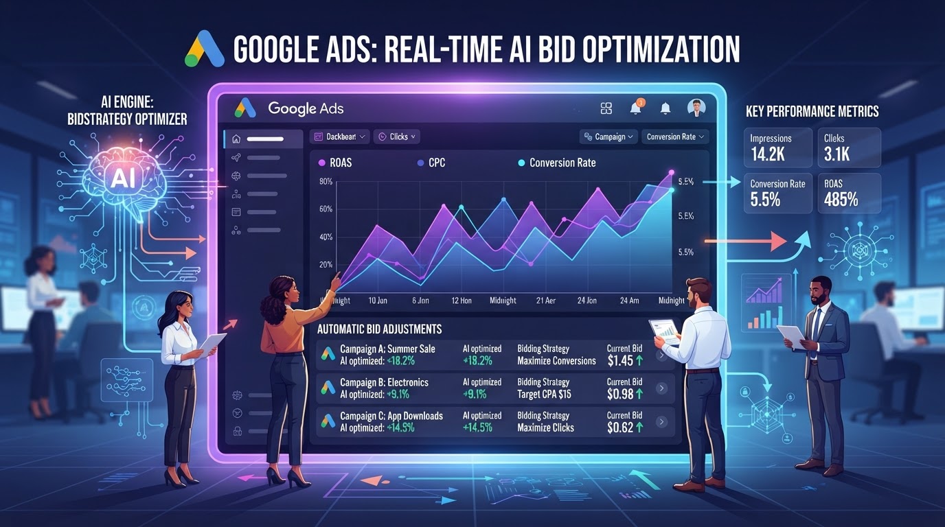 AI automatically optimizing Google Ads bids in real-time showing bid adjustments and performance graphs in purple and blue gradient accents
