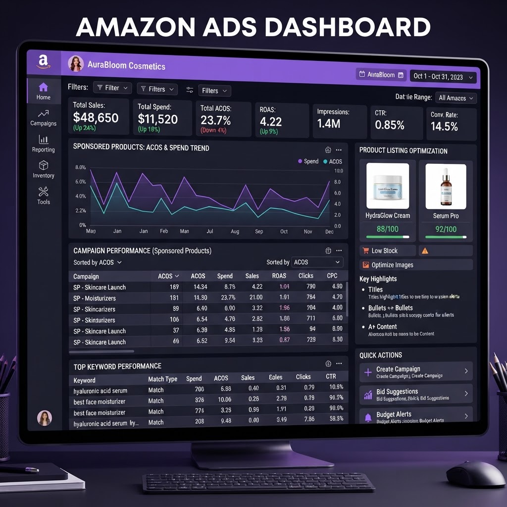 Amazon Ads dashboard showing Sponsored Products campaigns, ACOS metrics, and product listing optimization panels
