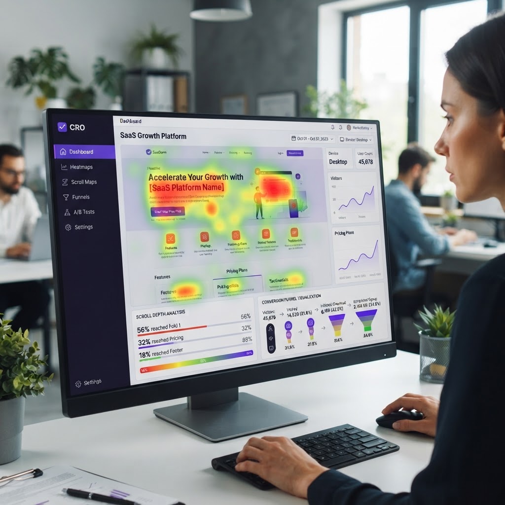 Landing page optimization heatmap showing click tracking, scroll depth, and conversion funnel visualization