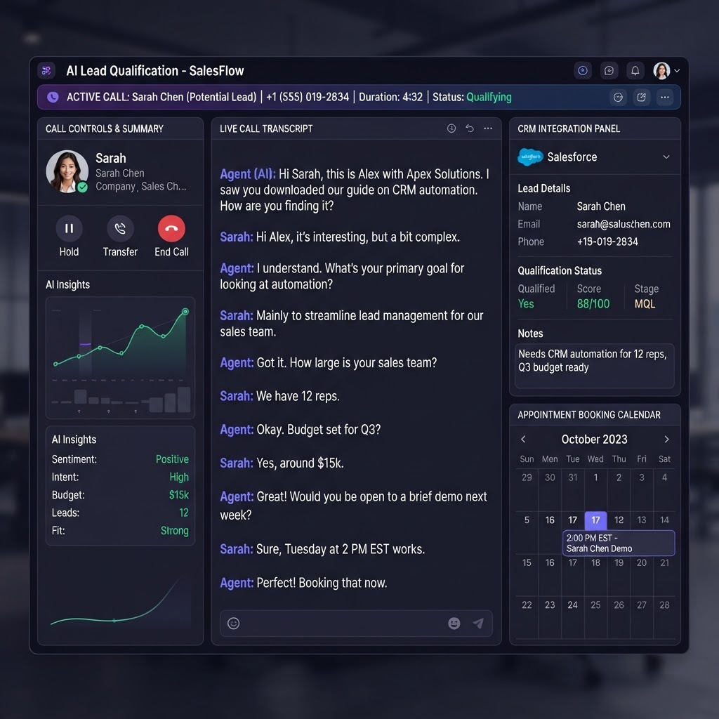 AI voice assistant calling interface showing lead qualification workflow with phone call transcript and appointment booking