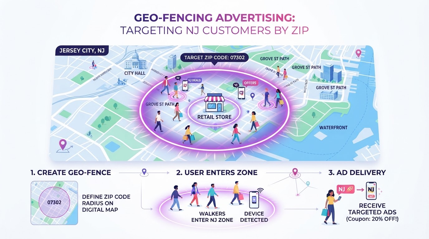 Geo-fencing advertising targeting customers by ZIP code in New Jersey with circular radius on a city map