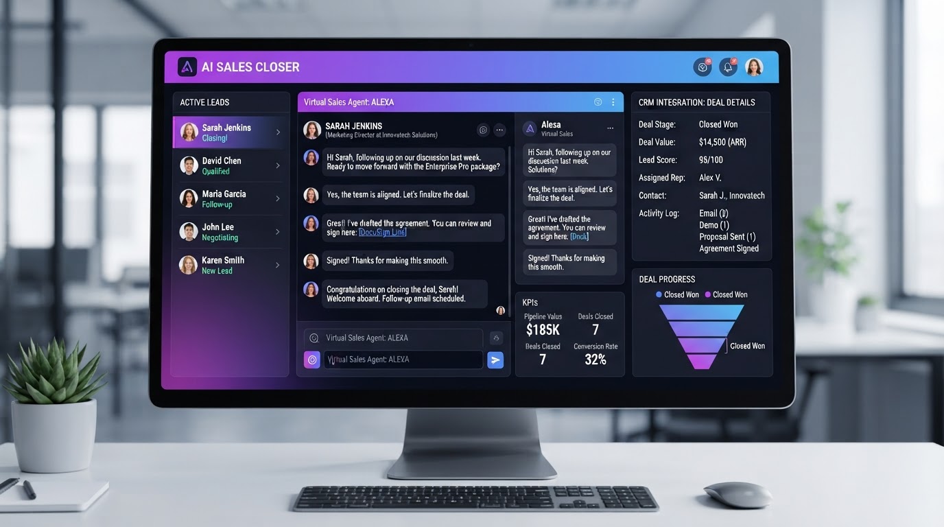AI sales closer assistant interface showing a virtual sales agent following up with qualified leads and closing deals