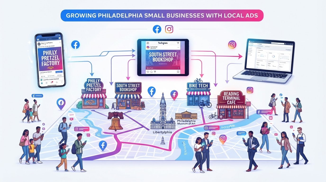 Philadelphia small businesses using Facebook and Instagram ads to reach local customers with city map and location pins in purple and pink gradient accents