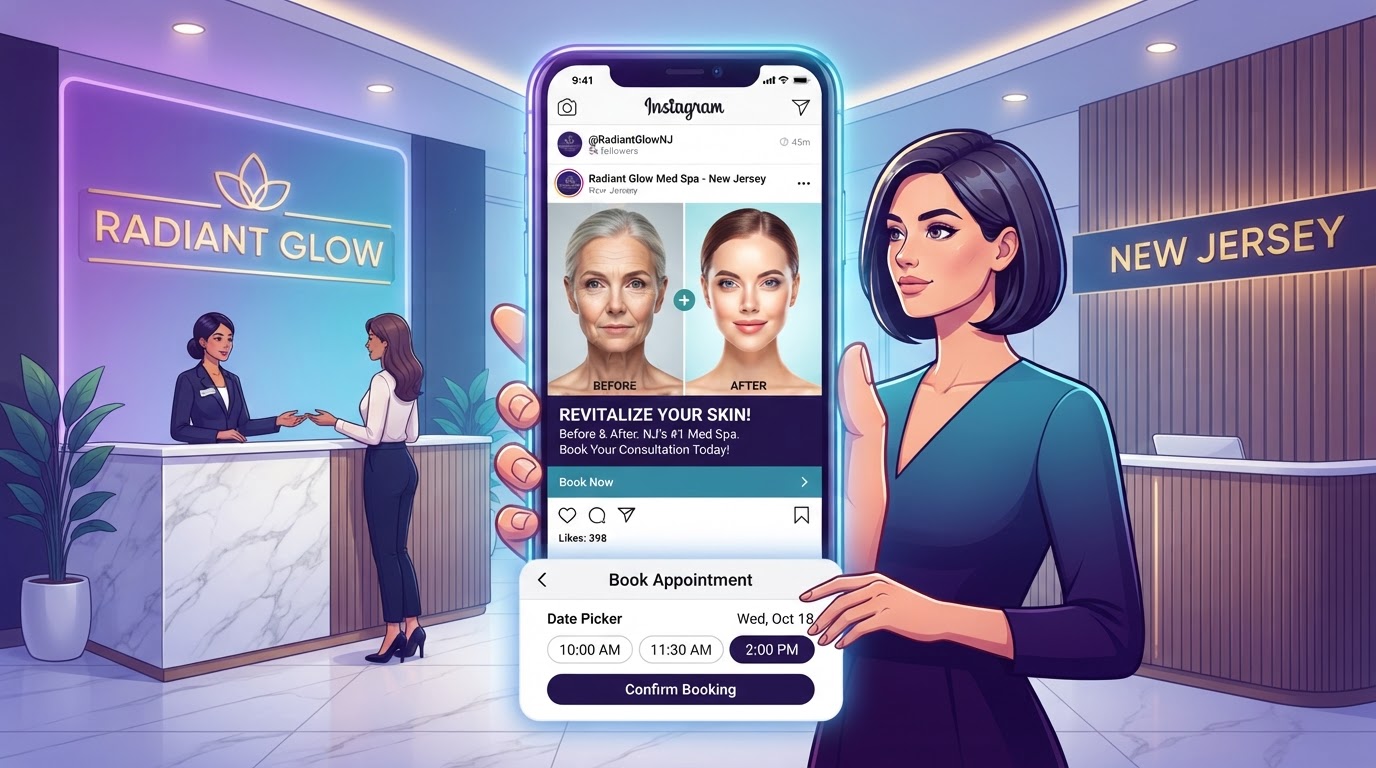 New Jersey medical spa using Instagram ads to attract patients with before and after results and appointment booking interface in purple and blue gradient accents