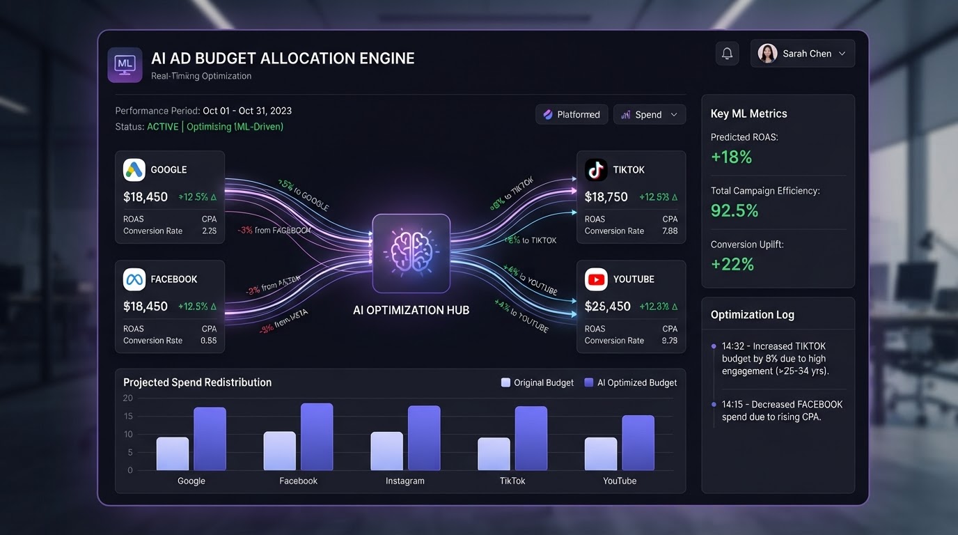 AI ad budget allocation interface showing machine learning redistributing ad spend across Google Facebook Instagram TikTok and YouTube based on performance