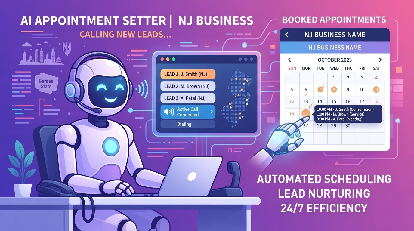 AI appointment setter calling new leads with a voice assistant robot and calendar booking interface