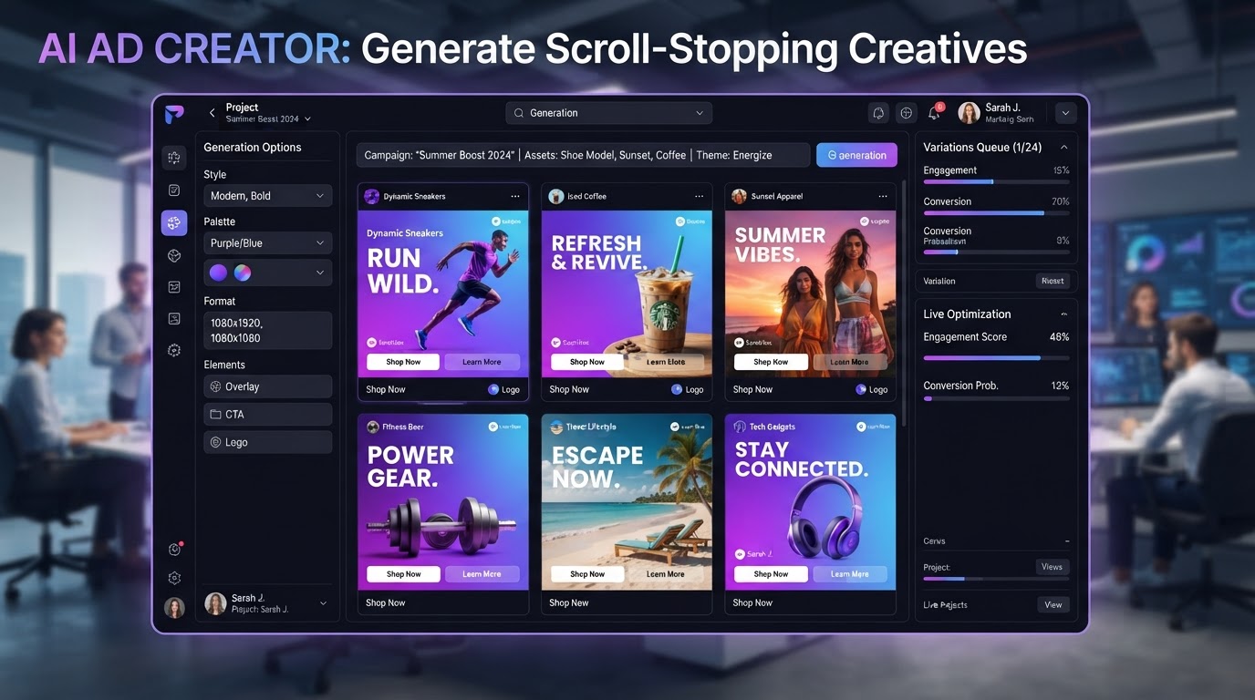 AI image generation interface creating multiple advertising creative variations with purple and blue gradient accents
