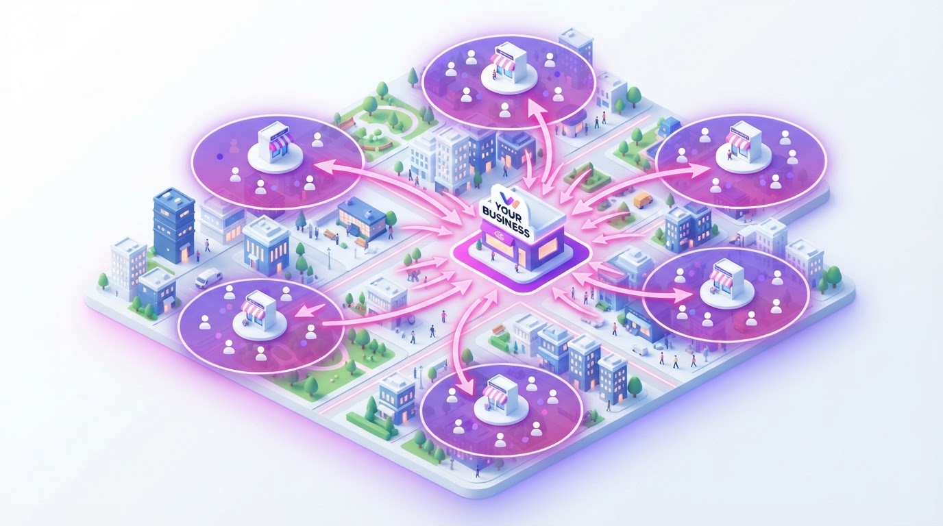 Geo-fencing competitor locations showing a 3D city map with purple radius circles around competitor business locations with pink arrows redirecting customers