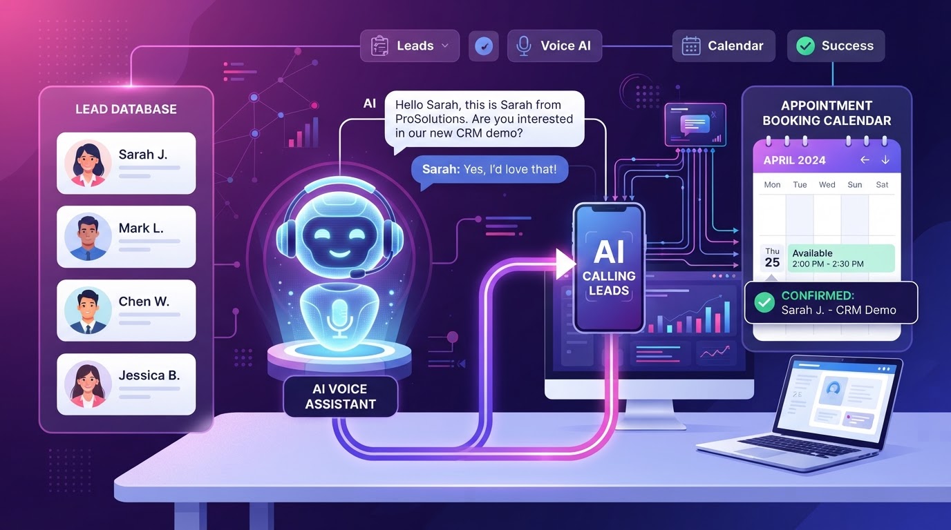 AI calling leads automatically with a voice assistant showing phone call workflow and appointment booking calendar in purple and pink gradient accents