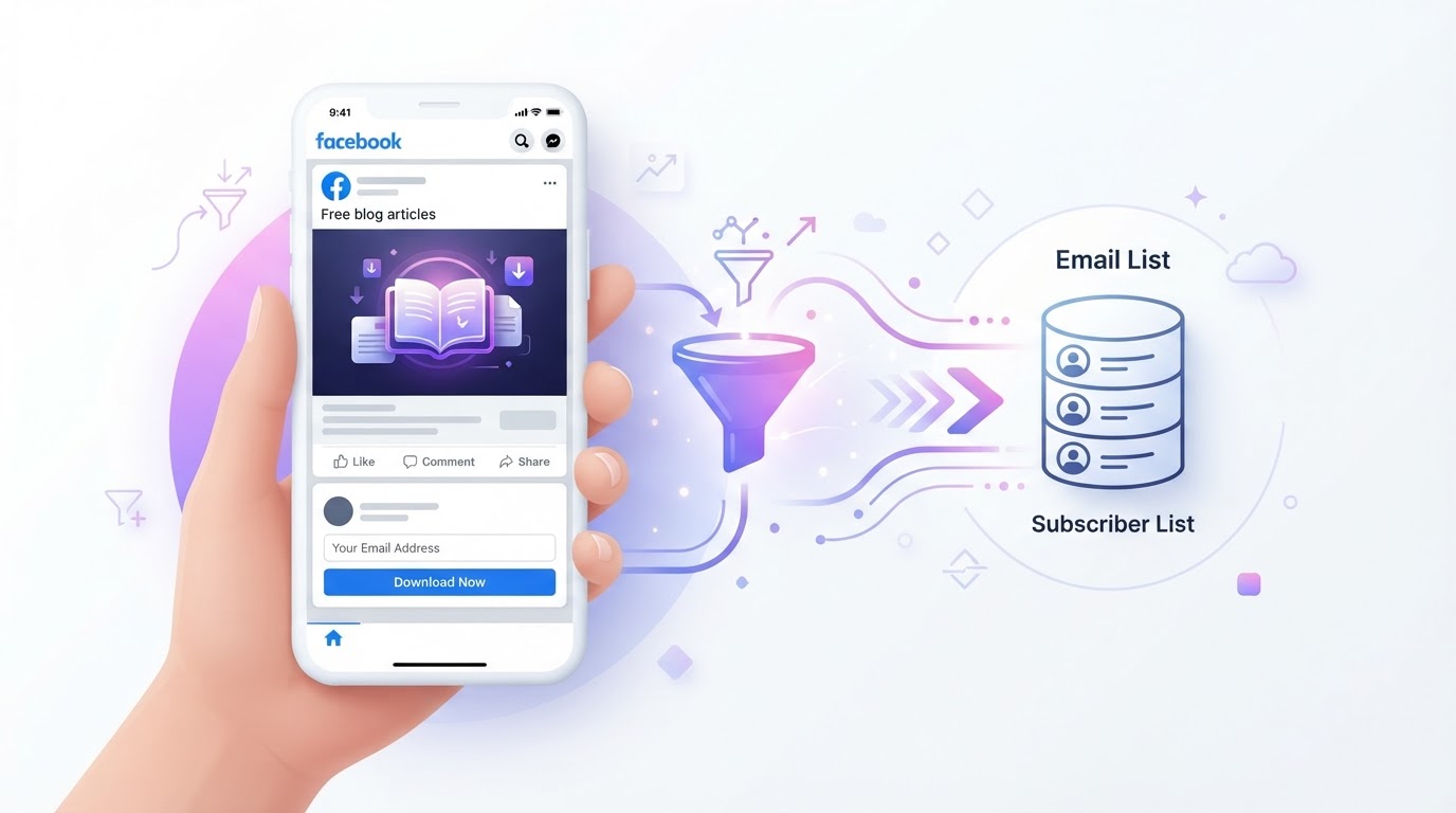 Offering free blog articles as lead magnets in paid ads showing a smartphone with a Facebook ad offering a free blog article download with email signup form