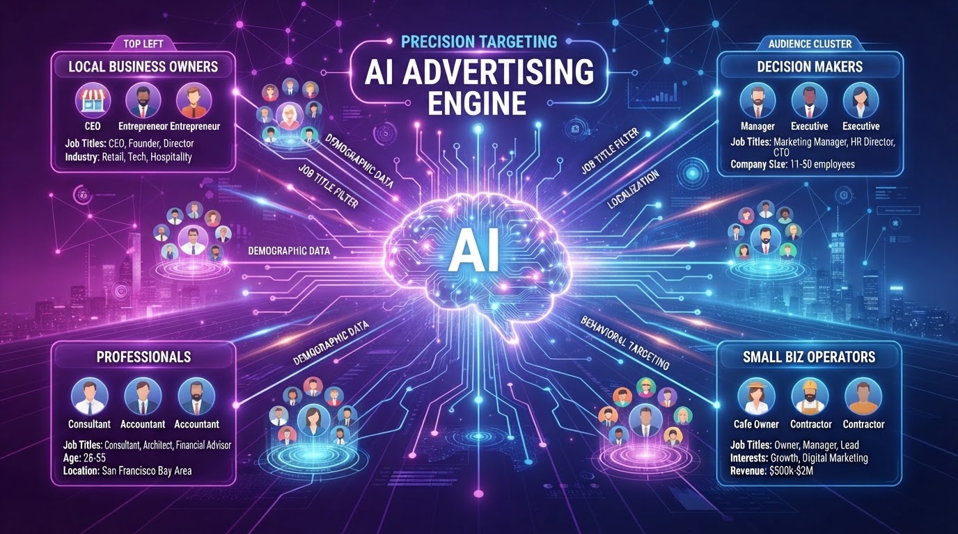 AI targeting local business audiences with job titles and demographics for paid advertising showing AI brain connecting to audience segments in purple and blue gradient