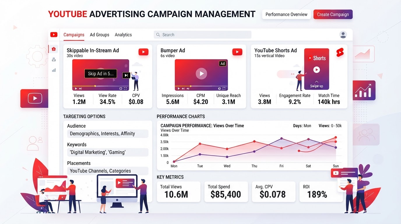 YouTube advertising campaign management dashboard showing video ad formats and performance metrics