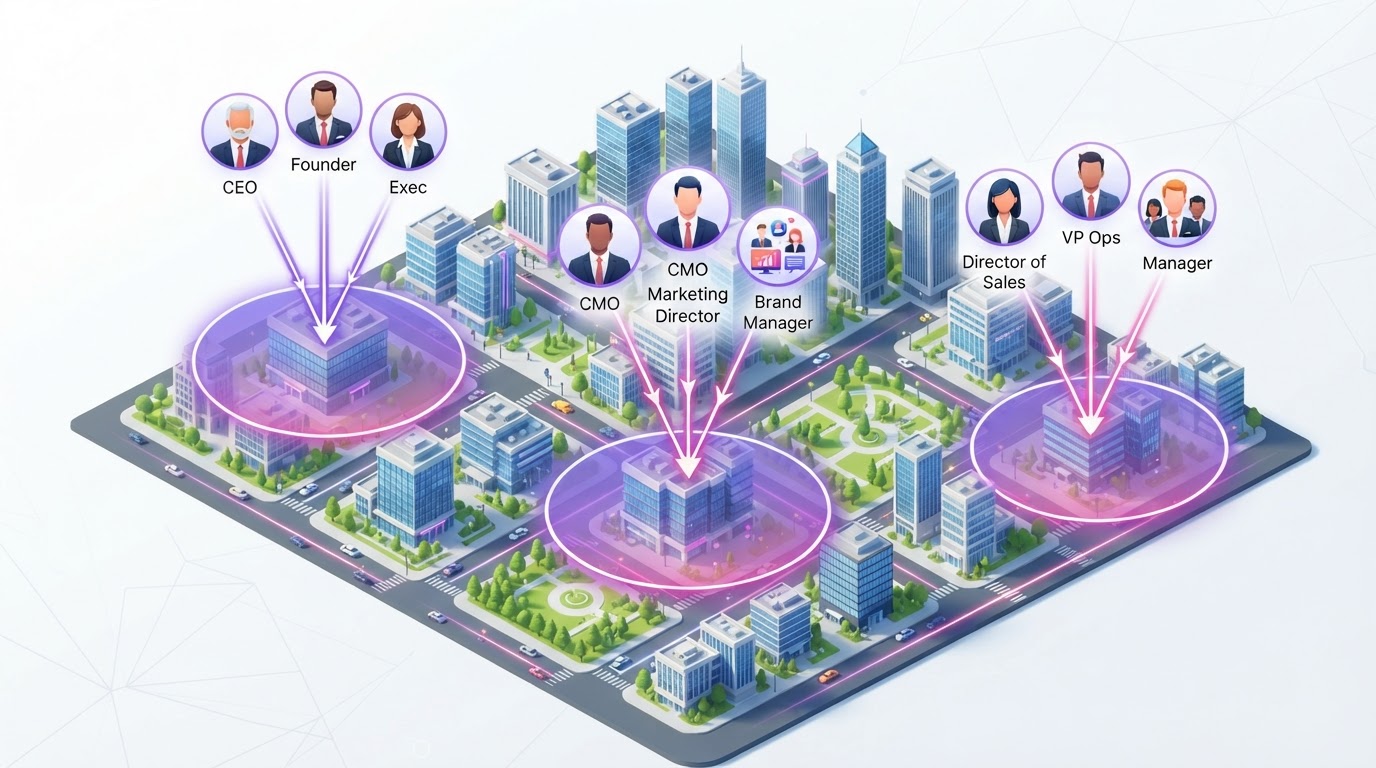 Geo-fencing job title targeting showing a 3D city map with purple radius circles around office buildings with professional people icons labeled with job titles