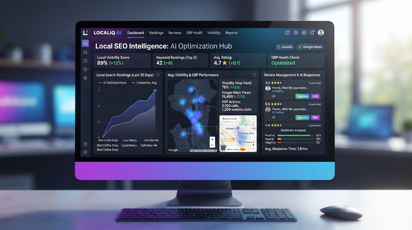 AI local SEO and Google Business Profile optimization interface showing local search rankings, review management, and map visibility improvements