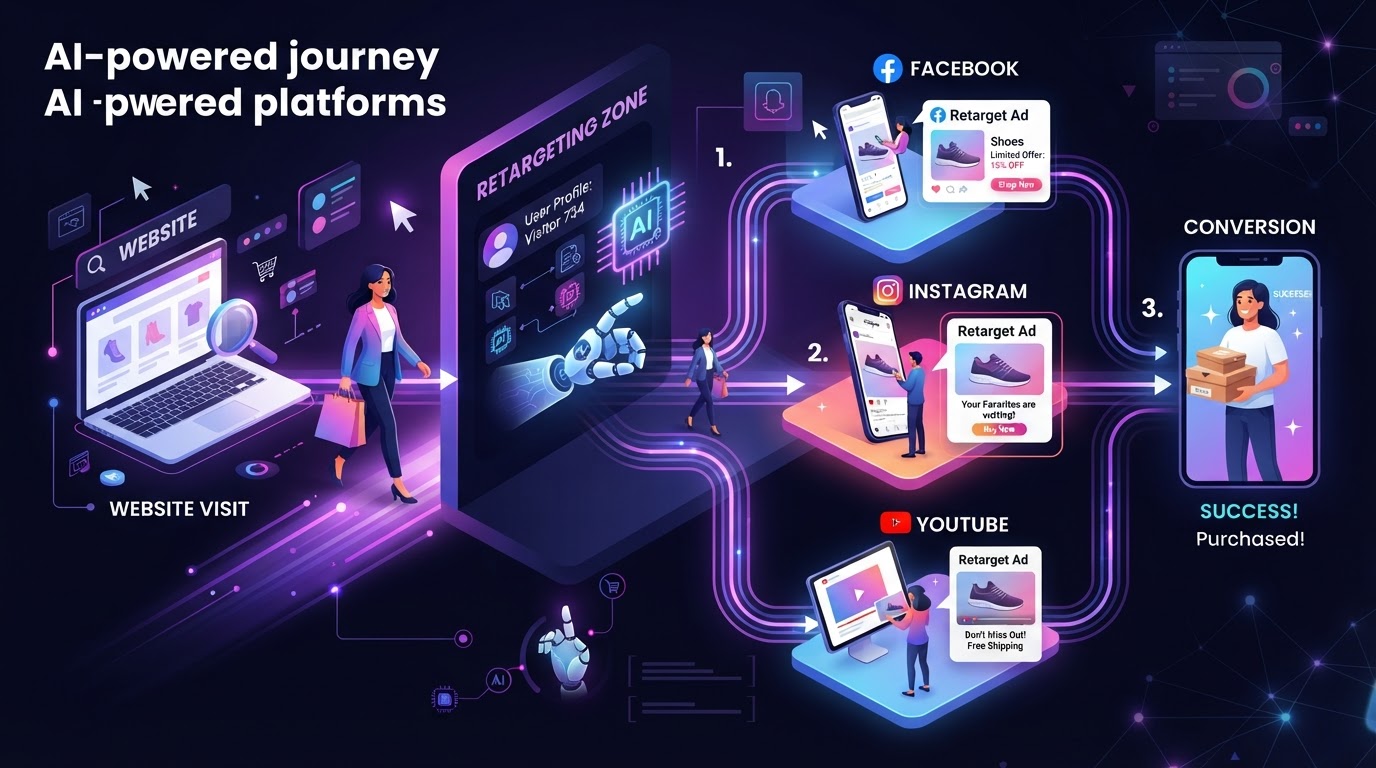 AI retargeting website visitors across Facebook Instagram and YouTube showing customer journey with retargeting ads following users in purple and pink gradient accents