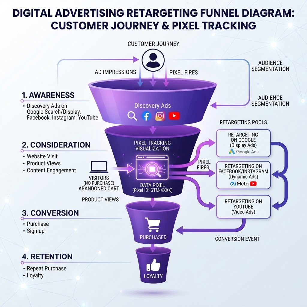 Retargeting funnel diagram showing customer journey across Google, Facebook, Instagram and YouTube with pixel tracking