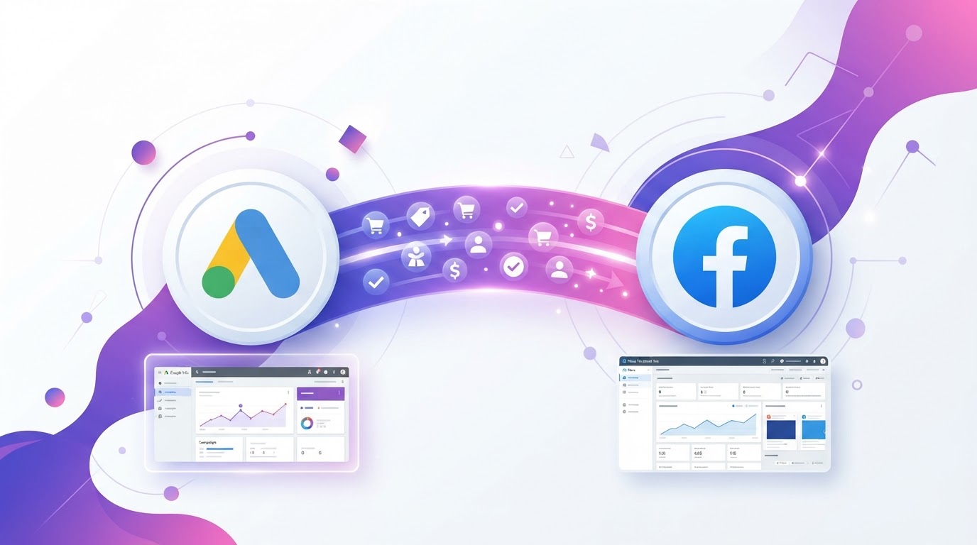 Connecting Google Ads pixel to Facebook Ads pixel showing two platform icons connected by a purple gradient data bridge with conversion events flowing between dashboards