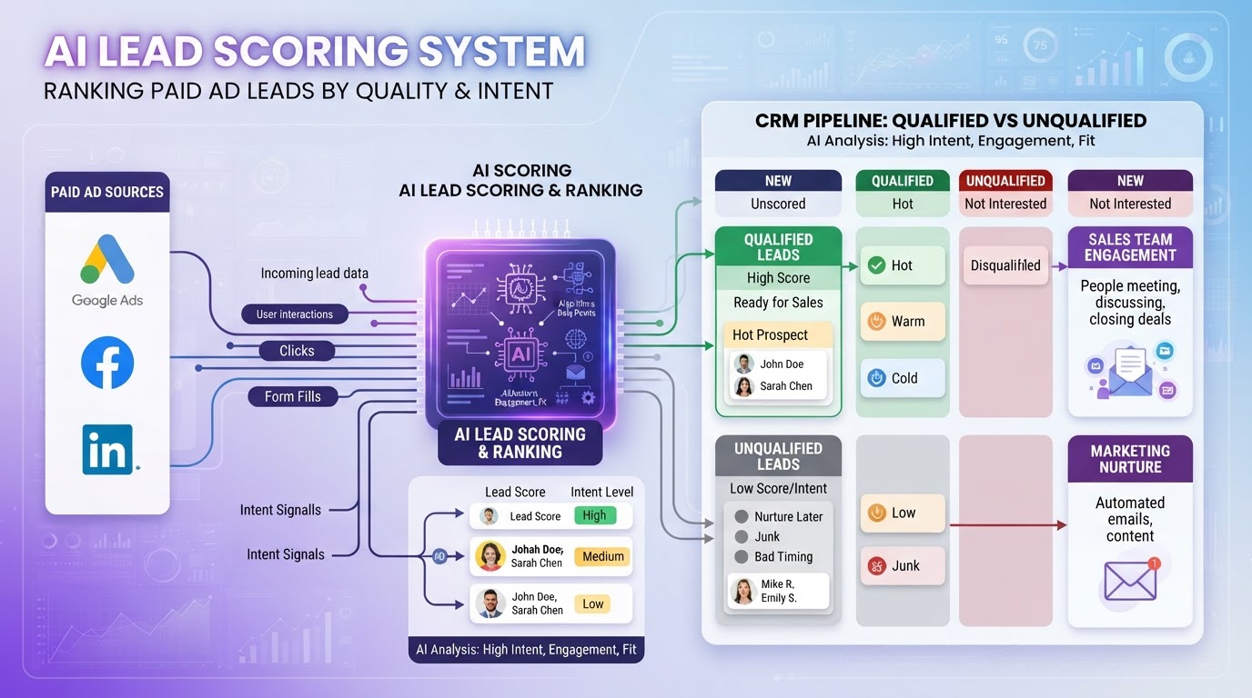 AI lead scoring system ranking paid ad leads by quality and intent showing CRM pipeline with qualified and unqualified leads in purple and blue gradient accents