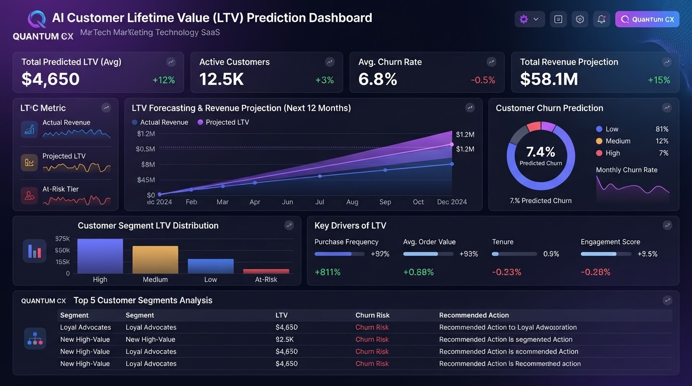 AI customer lifetime value prediction dashboard showing LTV forecasting with revenue projections and churn prediction charts