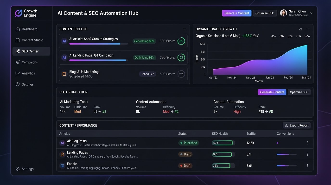 AI content marketing automation interface showing blog articles being generated and optimized for SEO with organic traffic growth charts