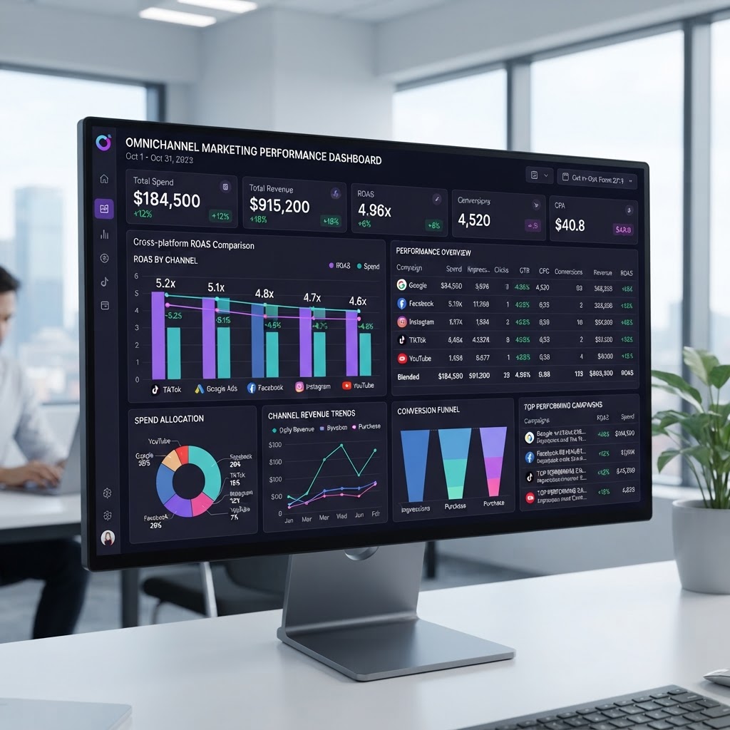 Multi-channel advertising dashboard showing Google, Facebook, Instagram, TikTok, and YouTube campaign performance in one unified view