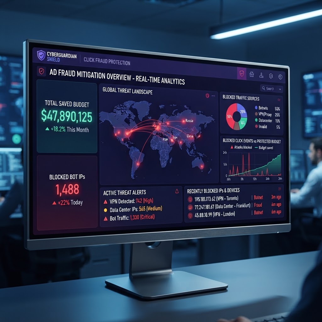Click fraud protection dashboard showing blocked bot IPs, VPN detection alerts, and saved budget metrics