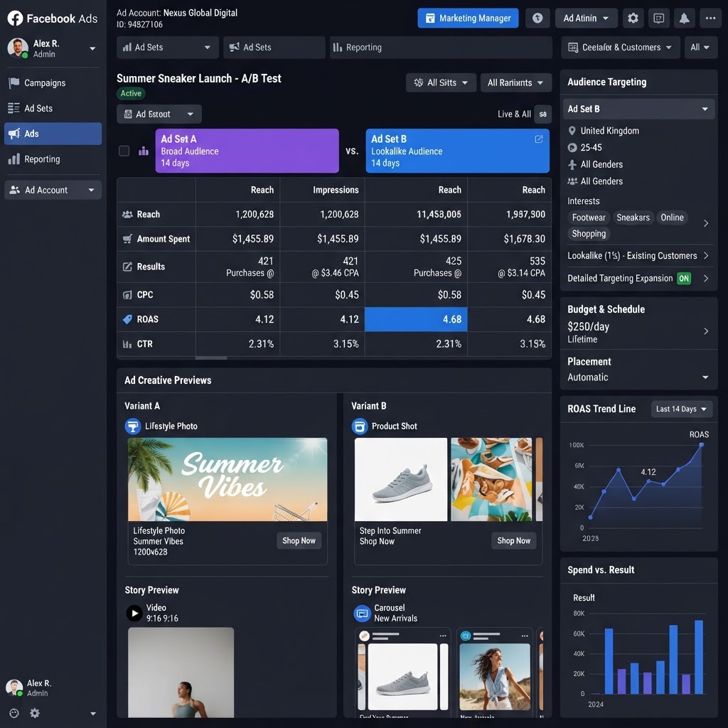 Facebook Ads Manager dashboard showing audience targeting panels, ad creative previews, and A/B test performance metrics