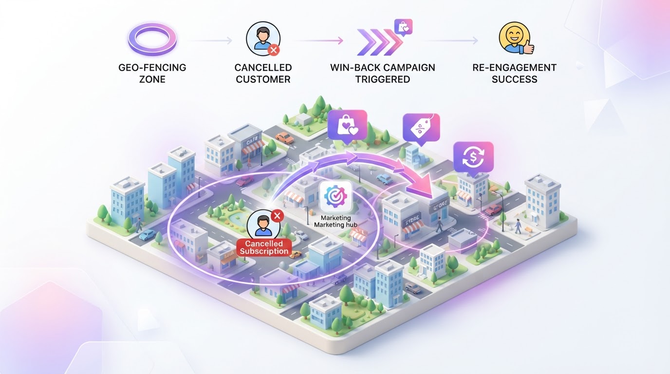 Geo-fencing win-back campaign showing a 3D map with purple radius circles re-engaging cancelled customers with targeted ads and win-back offers