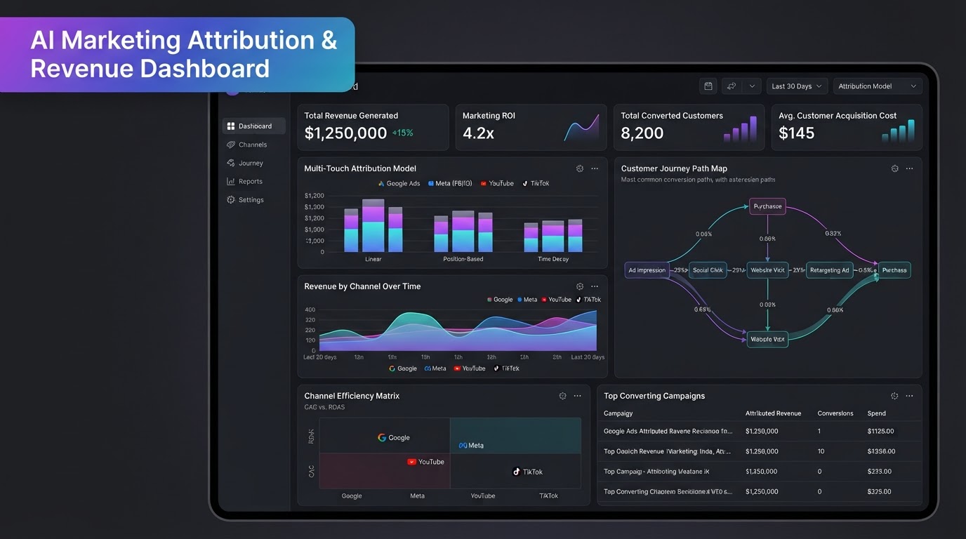AI marketing attribution dashboard showing multi-touch attribution across Google Meta YouTube and TikTok with revenue tracking and customer journey mapping