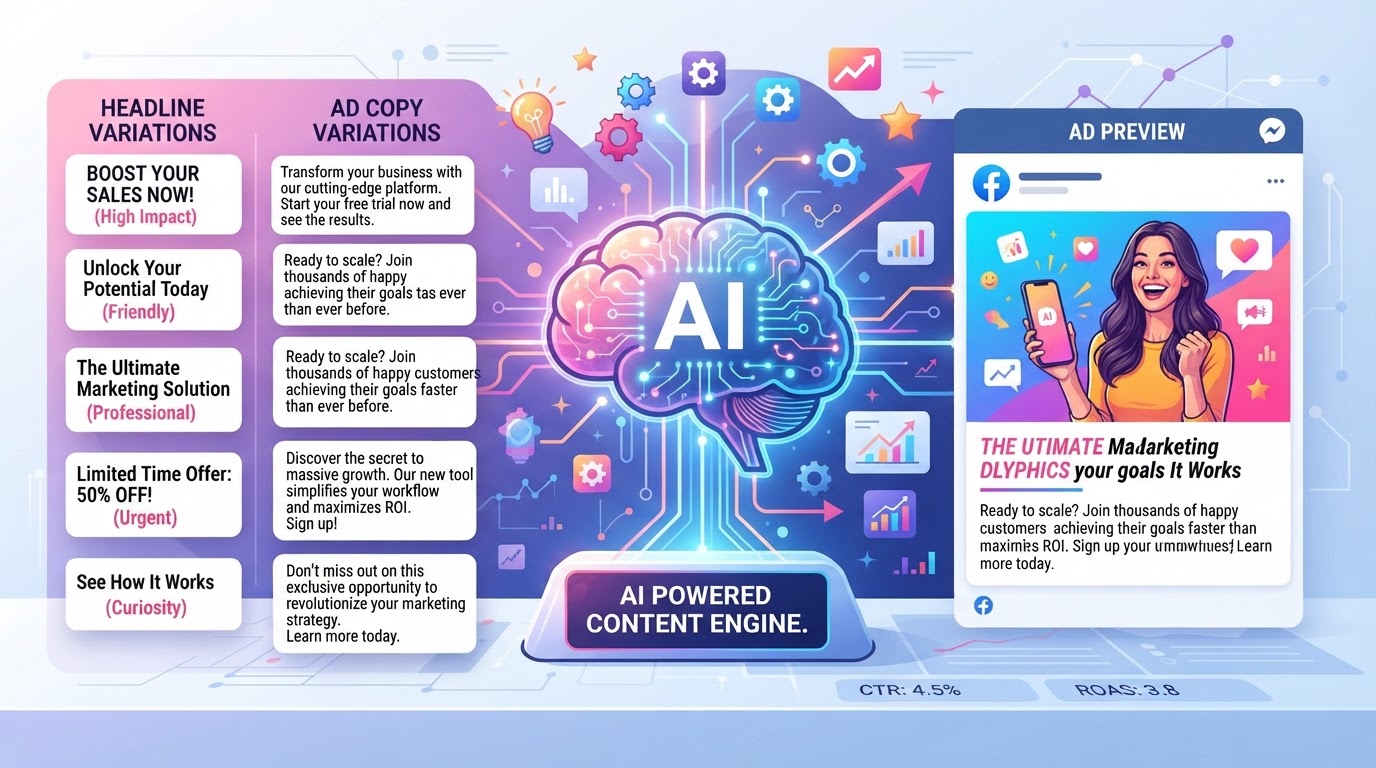 AI generating Facebook ad headlines and copy variations automatically with multiple text variations displayed in purple and pink gradient accents